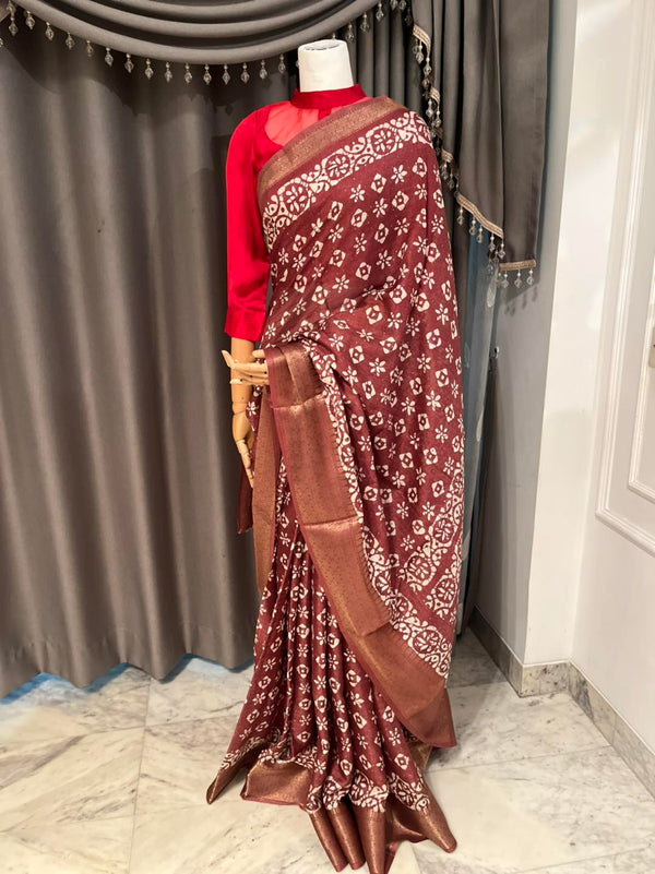 Mauve Pink Half Silk Saree with Mom Batik Print & Intricate Jari Shuta Borde