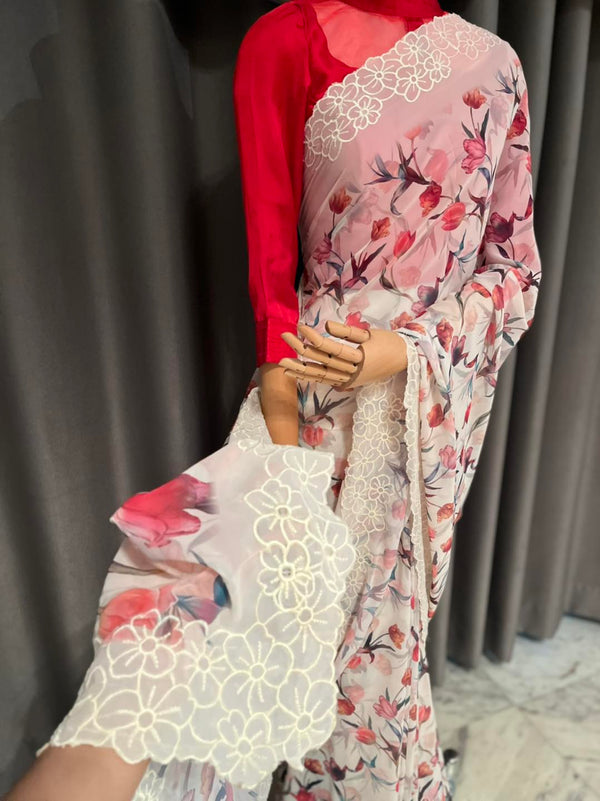 Georgette saree, featuring intricate 3D cutwork along the sides