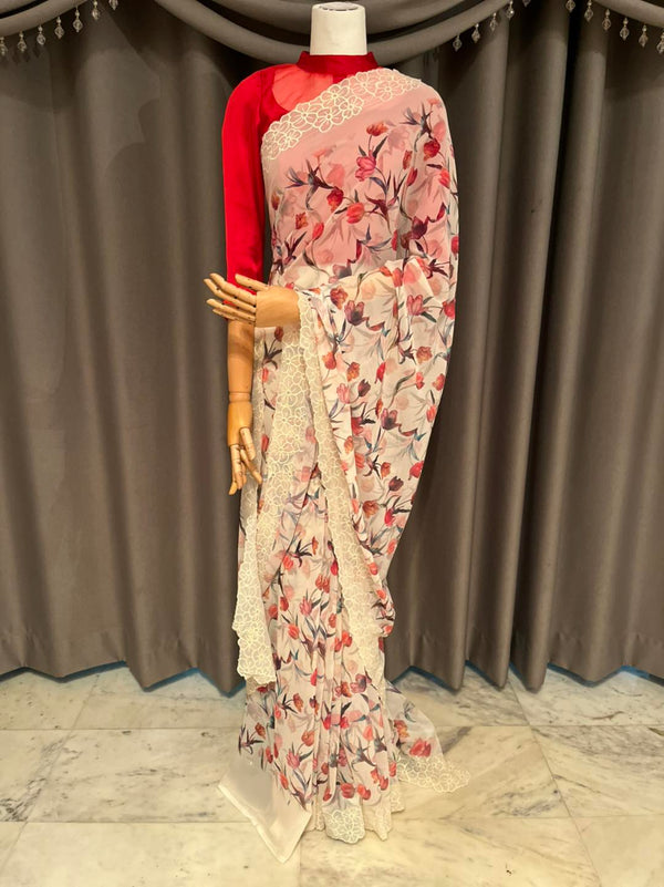 Georgette saree, featuring intricate 3D cutwork along the sides