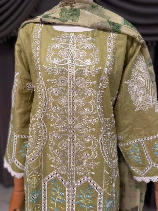 Leaf green 3-piece set with divider pant and pure material dupatta