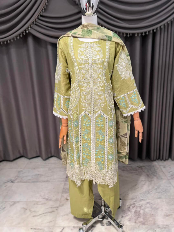 Leaf green 3-piece set with divider pant and pure material dupatta