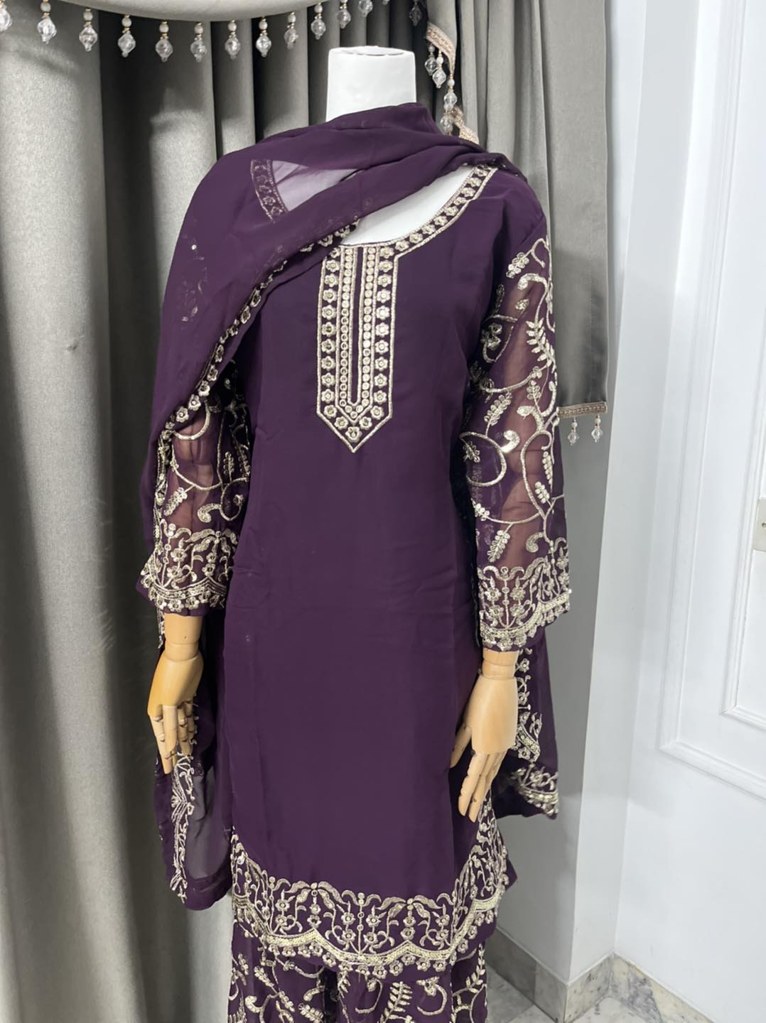 Jam Purple 3-piece party dress with Chumki work on the dress, dupatta, and pants!