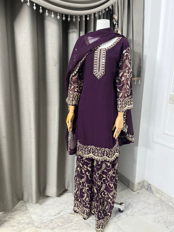 Jam Purple 3-piece party dress with Chumki work on the dress, dupatta, and pants!