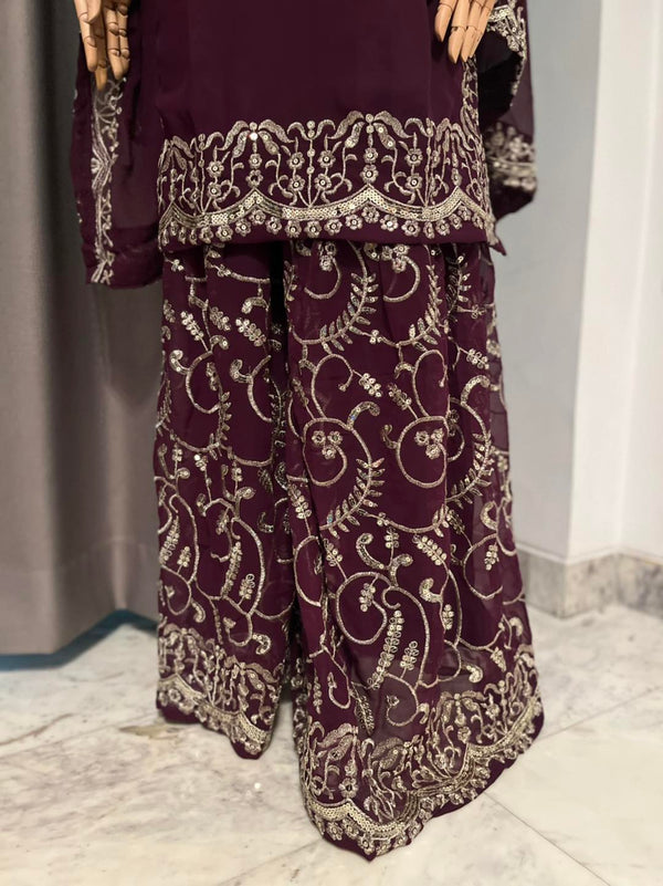 Jam Purple 3-piece party dress with Chumki work on the dress, dupatta, and pants!
