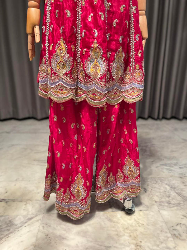 Stunning Red Anarkoli with intricate stone & embroidery work all overIncludes beautifully worked divider pants & dupatta
