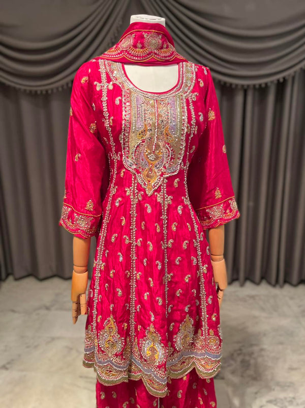 Stunning Red Anarkoli with intricate stone & embroidery work all overIncludes beautifully worked divider pants & dupatta