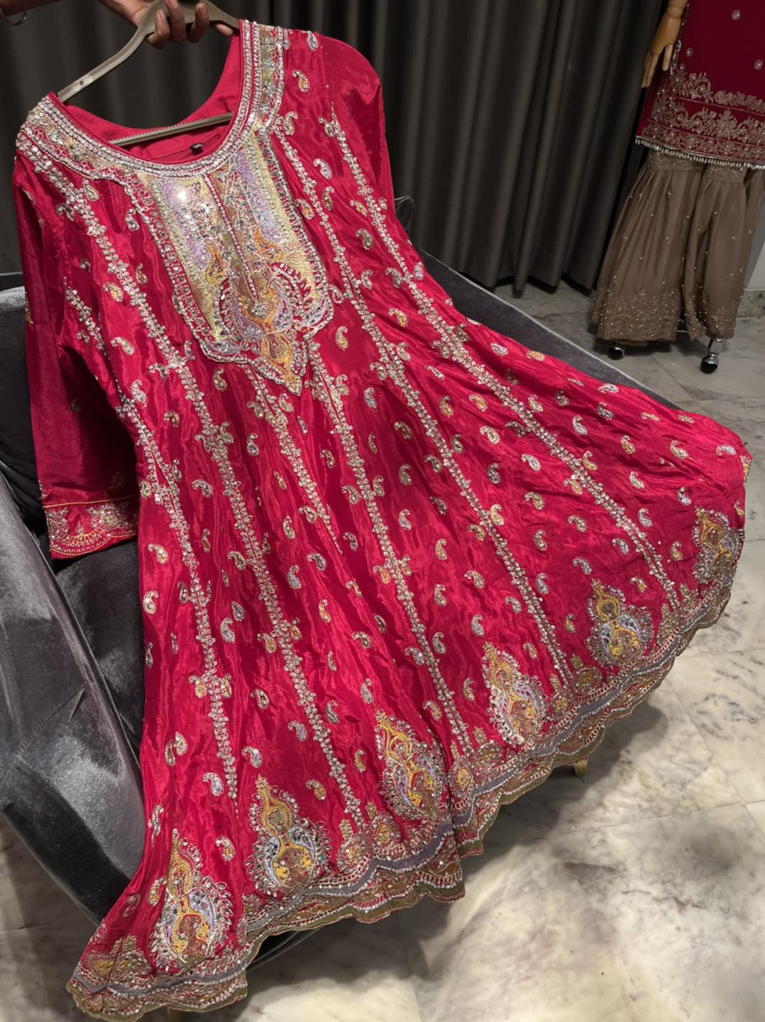 Stunning Red Anarkoli with intricate stone & embroidery work all overIncludes beautifully worked divider pants & dupatta