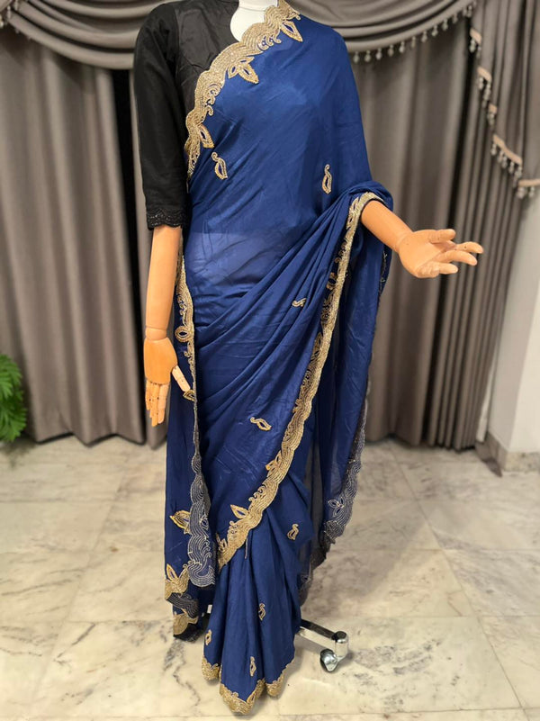 Stunning blue saree with intricate Karchupi stonework
