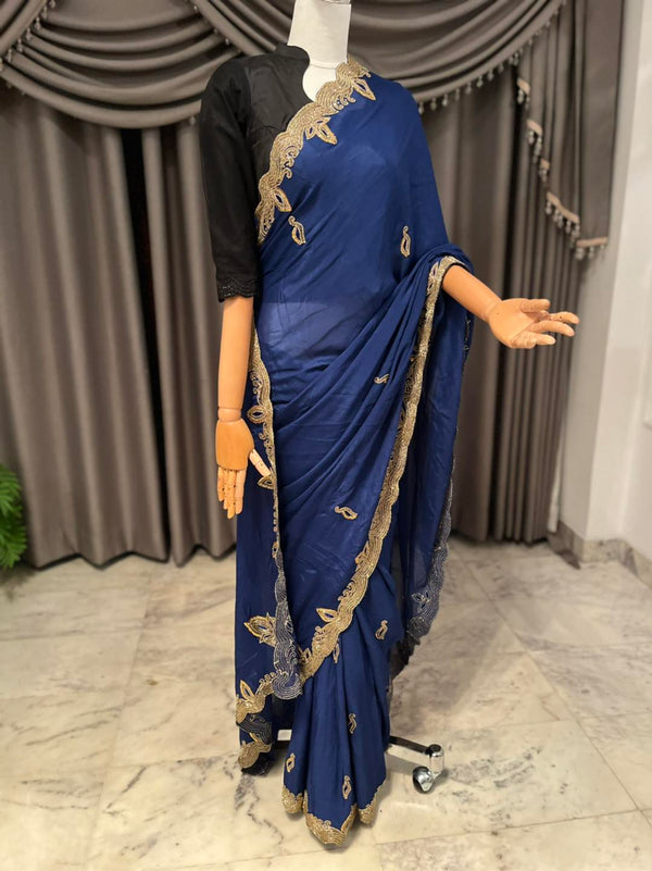 Stunning blue saree with intricate Karchupi stonework