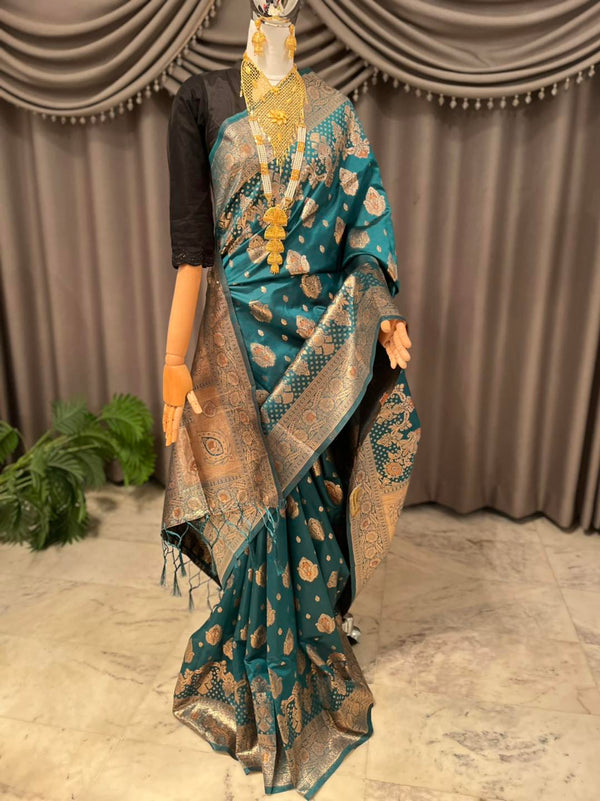 Tana-Bana silk Katan Saree & Blouse piece attached for a perfect match.