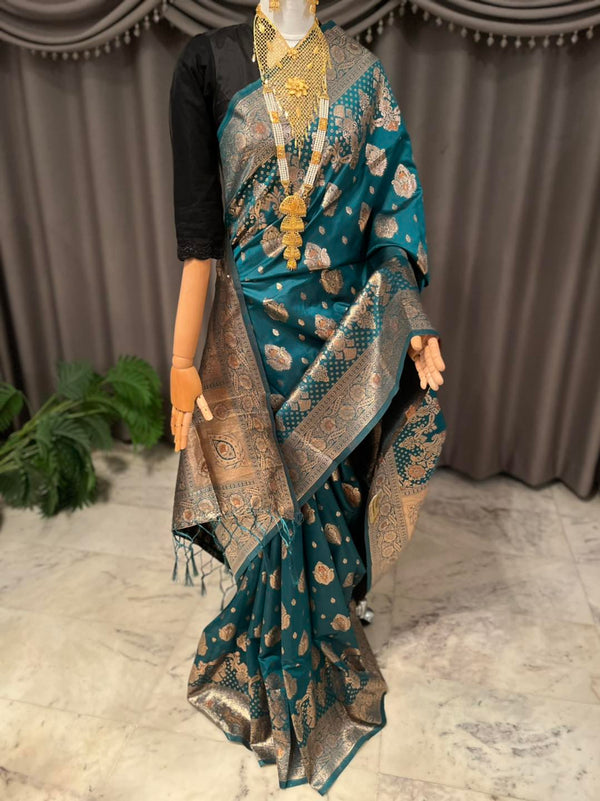 Tana-Bana silk Katan Saree & Blouse piece attached for a perfect match.