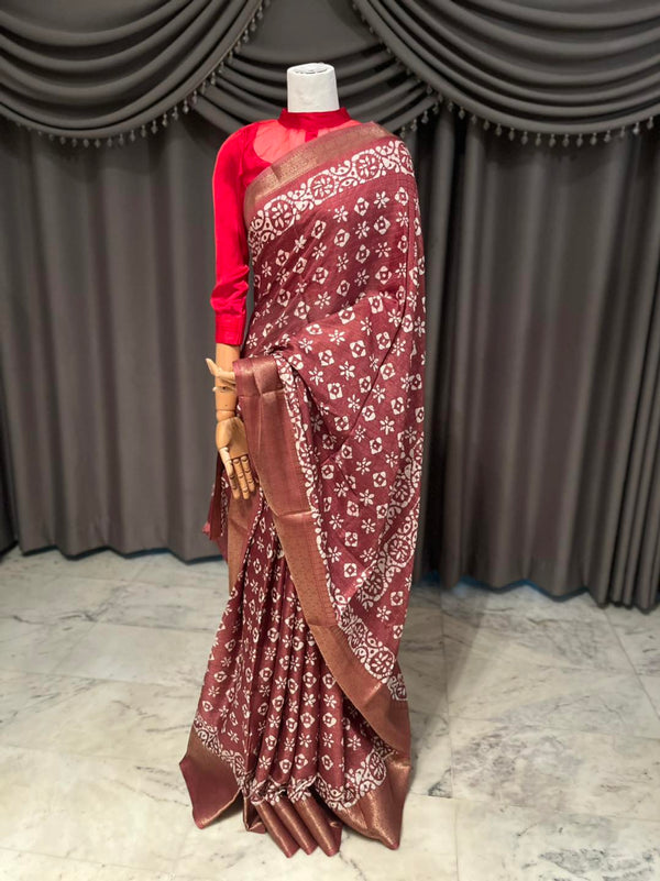 Mauve Pink Half Silk Saree with Mom Batik Print & Intricate Jari Shuta Borde